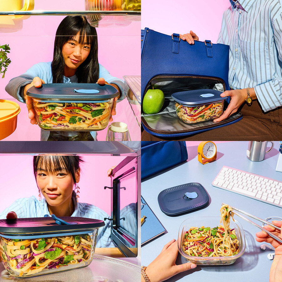 contenitore per alimenti in vetro tupperware voila rettangolare medio grigio scuro e blu coperchio