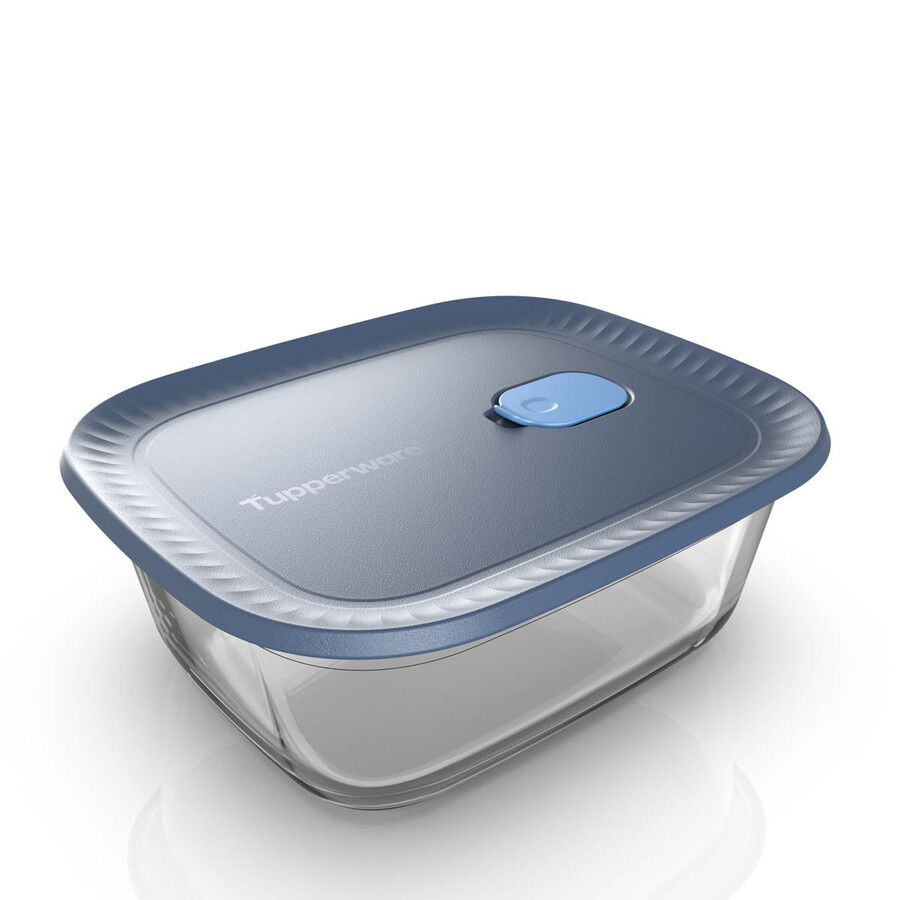 contenitore per alimenti in vetro tupperware voila rettangolare grande grigio scuro e blu coperchio