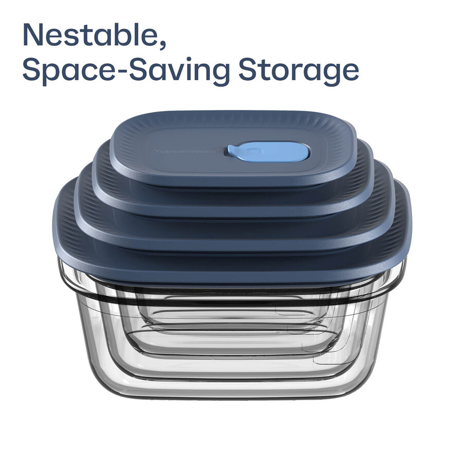 contenitore per alimenti in vetro tupperware voila rettangolare grande grigio scuro e blu coperchio